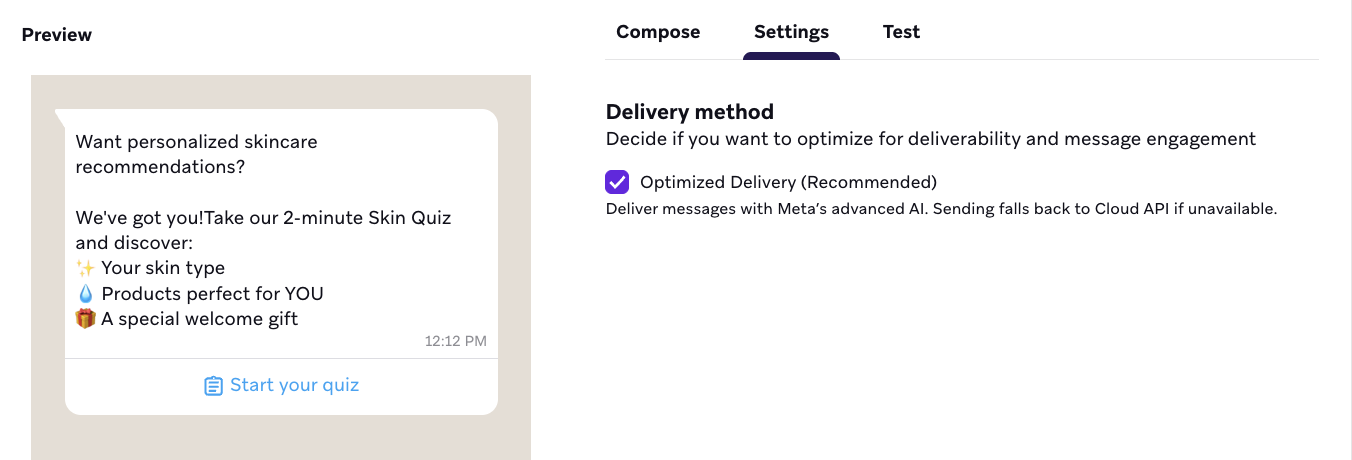 メッセージ作成画面にはプレビュータブがあり、最適化された配信を選択するチェックボックスがある。