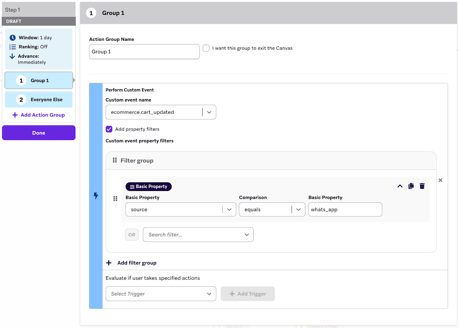 実行されたカスタムイベントのトリガーを持つアクションパス`ecommerce.cart_updated`.