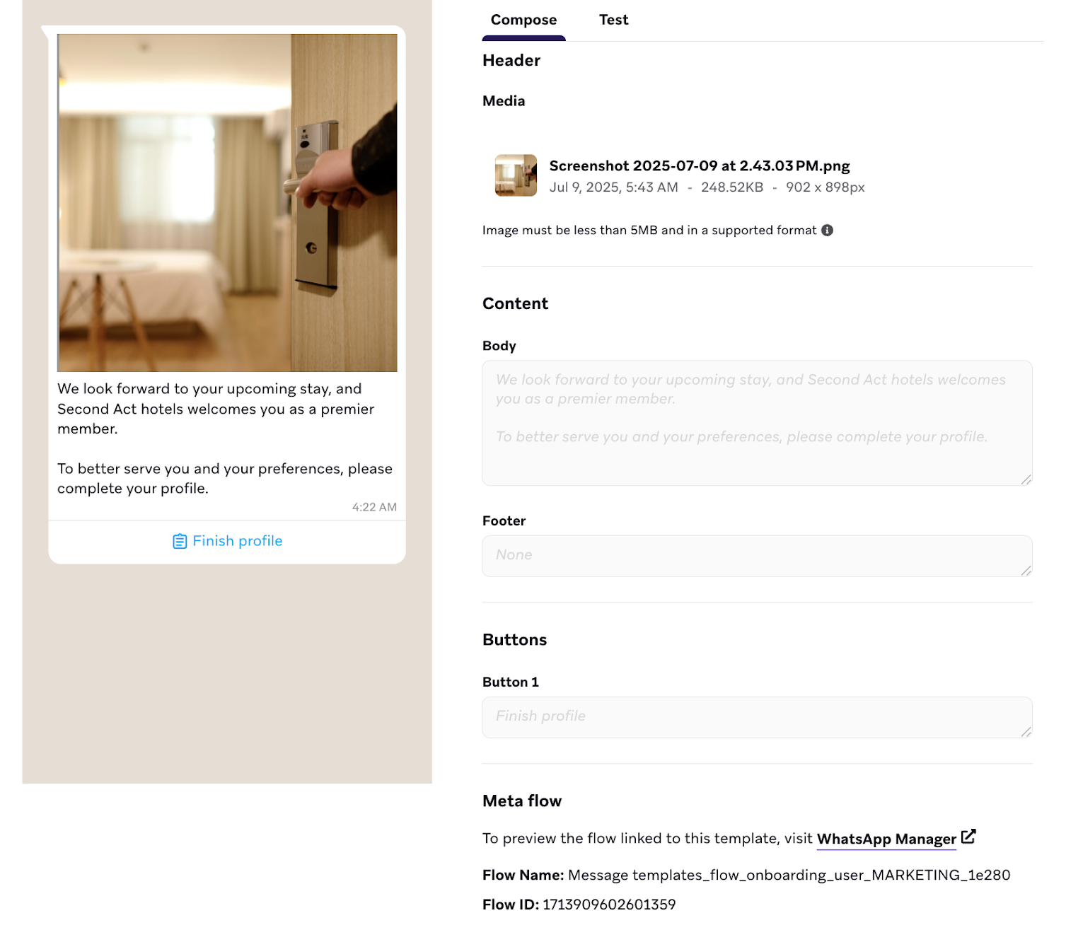 WhatsApp流量テンプレートを使用したWhatsApp メッセージ作成画面。