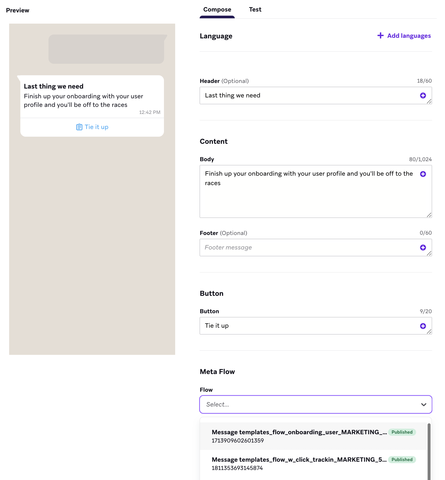 フローを選択するための拡張ドロップダウンを持つフローメッセージ応答コンポーザー。