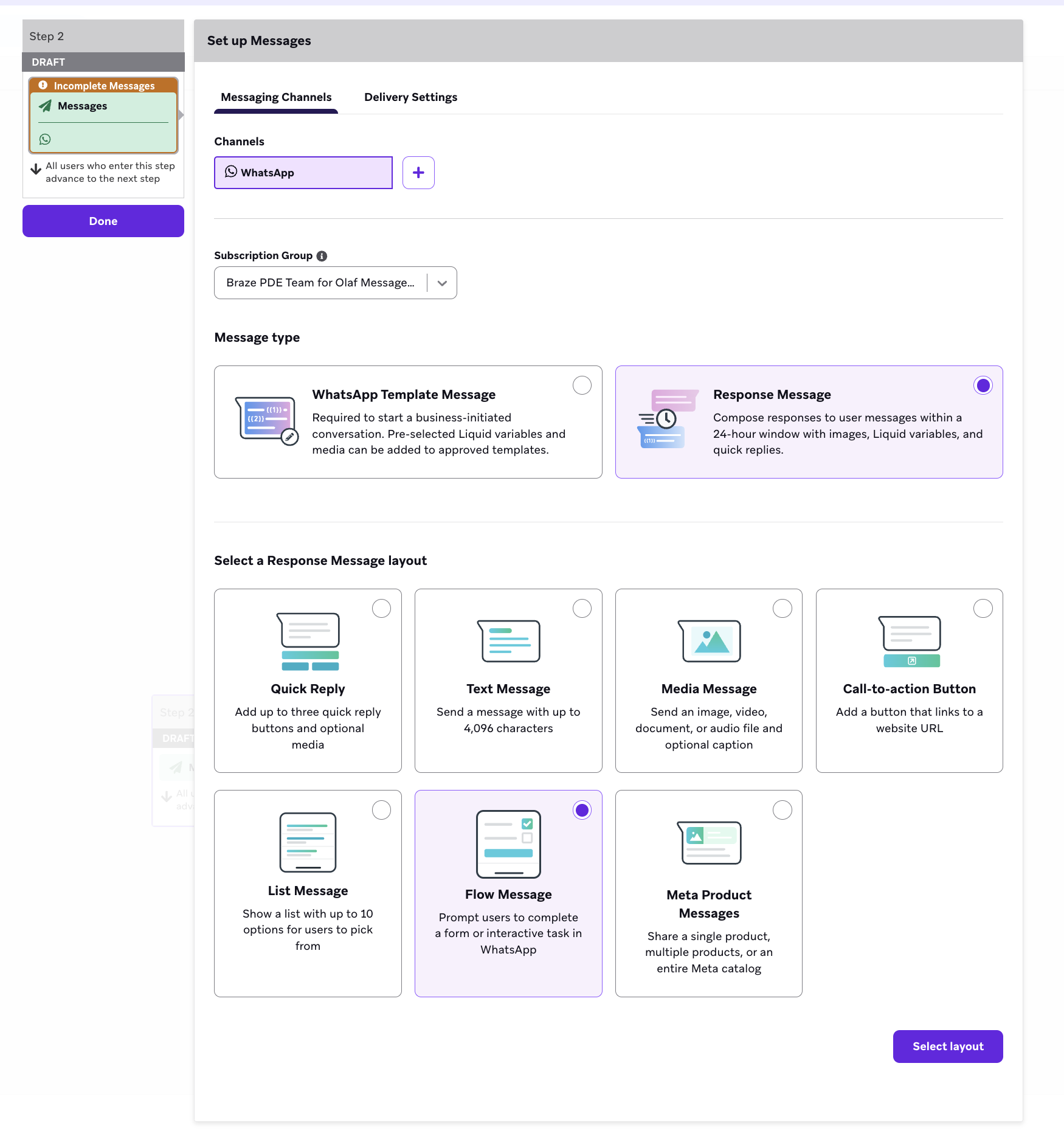 WhatsAppレスポンスメッセージタイプとフローメッセージレイアウトのメッセージステップ。