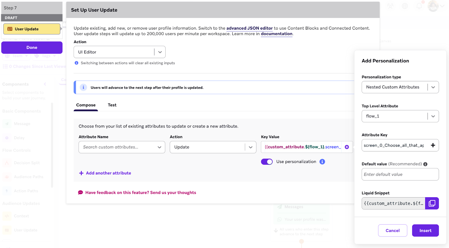 ネストされたカスタム属性パーソナライゼーションを使用したユーザアップデートステップ。