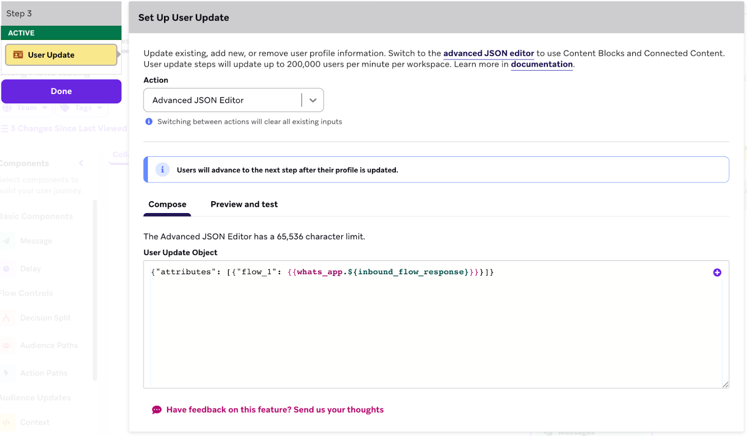 高度なJSONエディタを使用したユーザアップデートステップ。