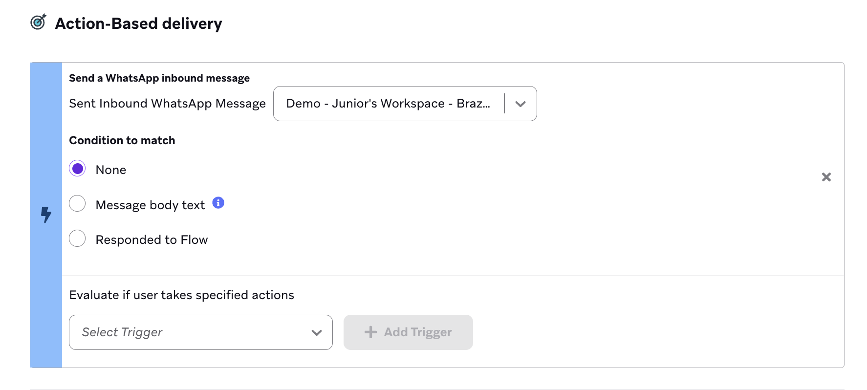 WhatsApp受信メッセージの送信をトリガーとしたアクションベースの配信。