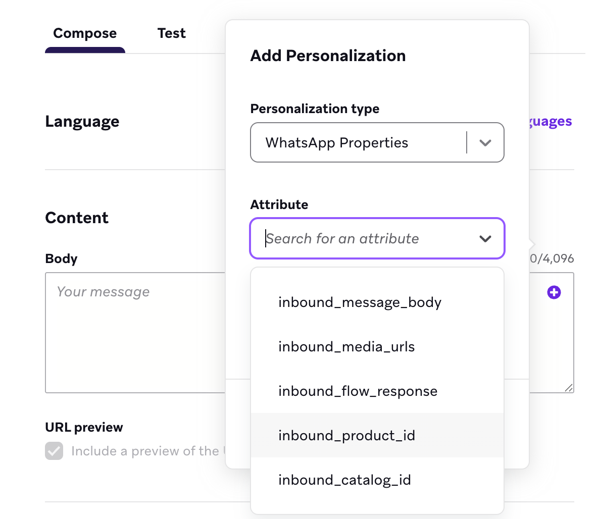パーソナライゼーションタイプが「WhatsApp Properties」で、属性「inbound_product_id」がハイライトされた「Add Personalization」ウィンドウ。