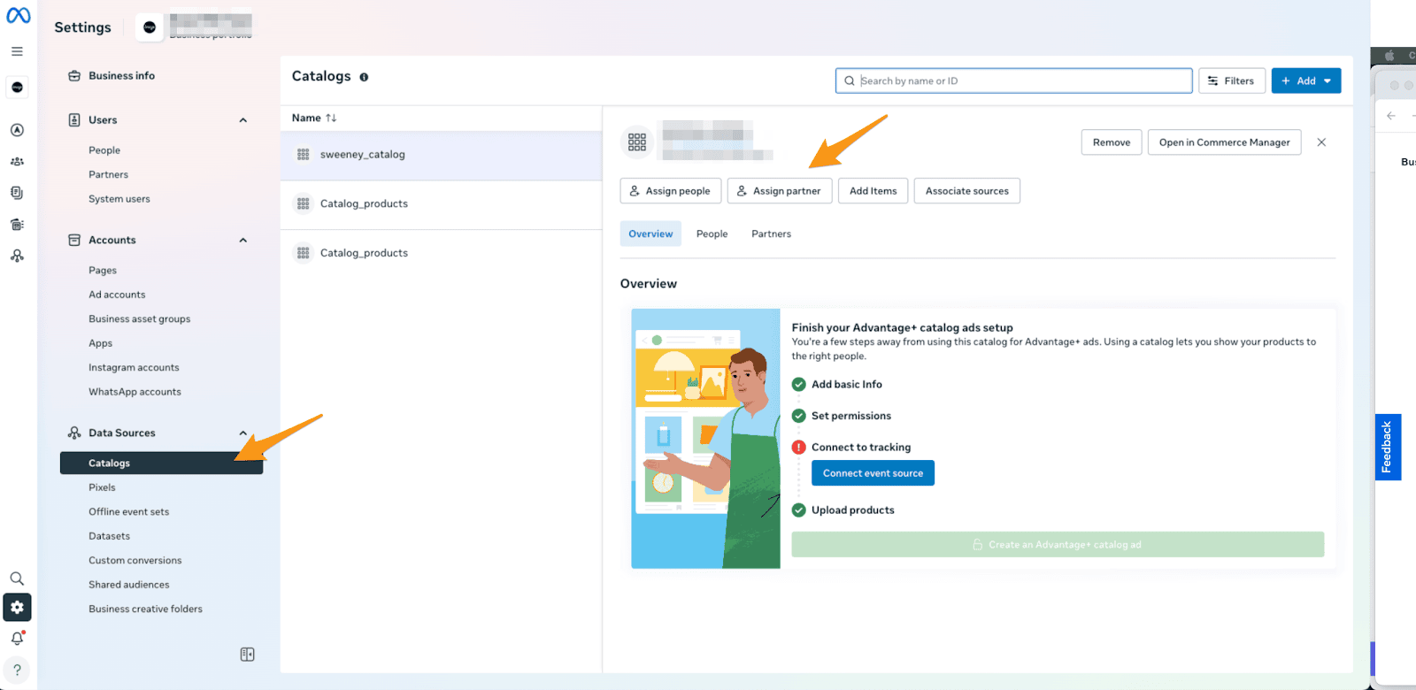 「sweeney_catalog」というカタログの「Assign partner」ボタンを指す矢印が表示されたMetaの「Catalogs」ページ。