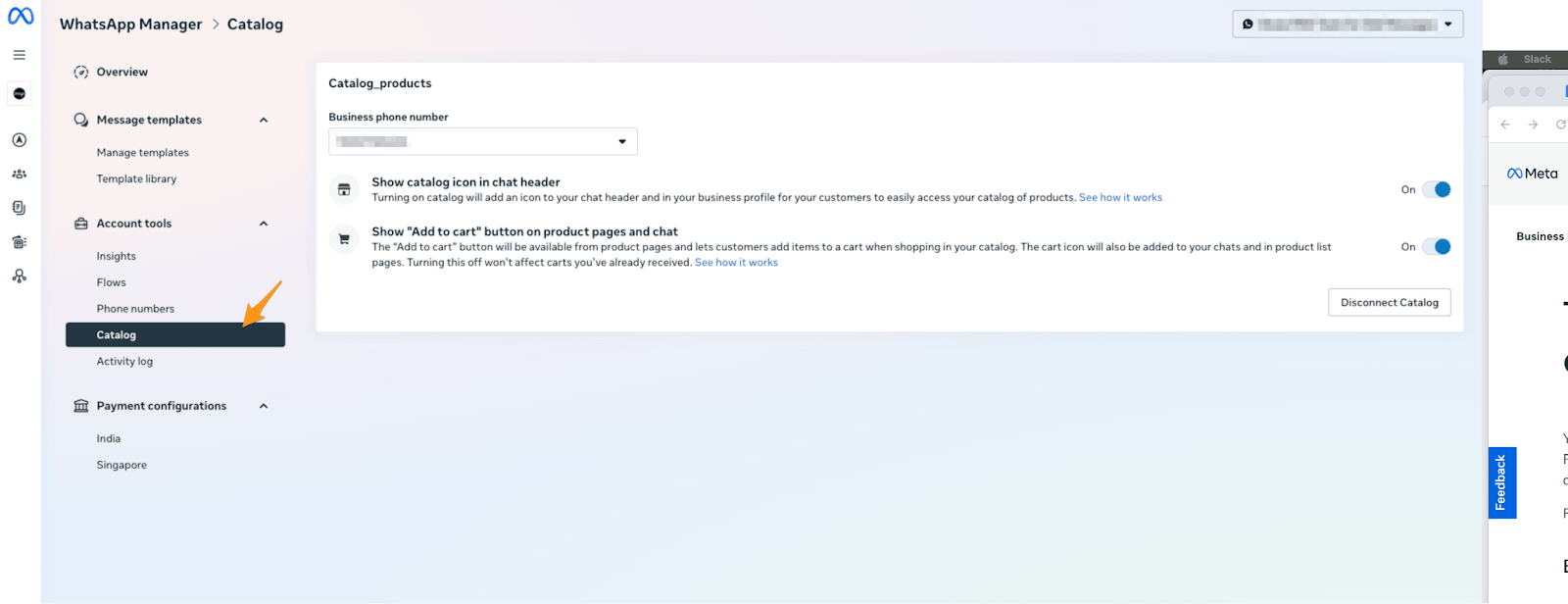 「Catalog_products」カタログのWhatsApp Manager設定ページ。