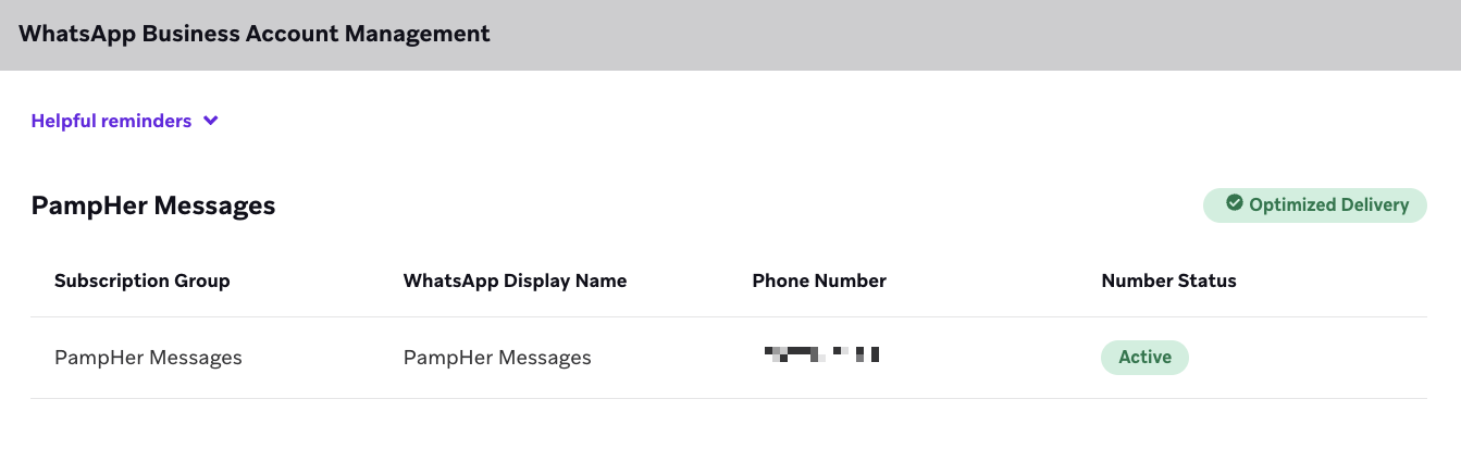 WhatsAppビジネスアカウント管理セクションに表示されるサブスクリプショングループのステータスが「アクティブ」になっている。