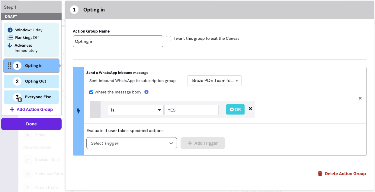 トリガーイベントが「Sent inbound WhatsApp to subscription group」で、トリガーワードが「YES」の「Opting in」グループを含むキャンバスステップ。