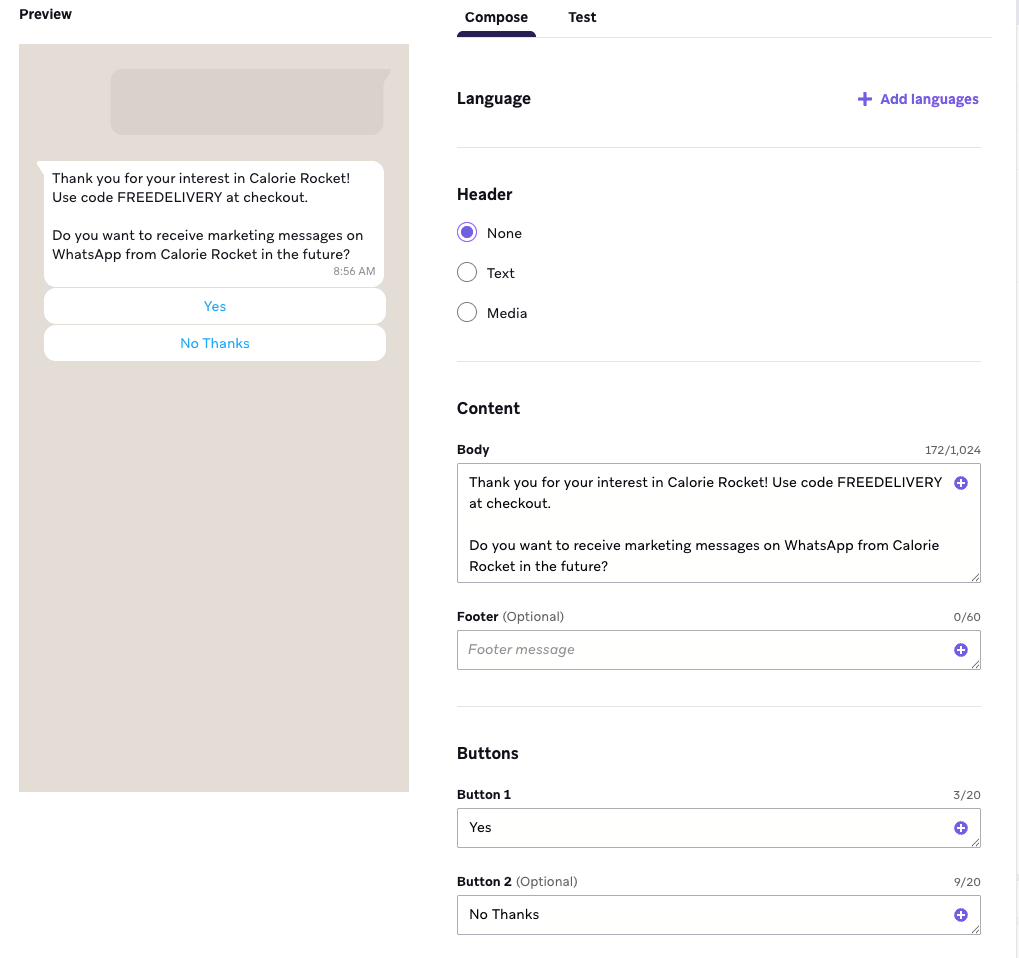 「Yes」と「No Thanks」のボタン返信があるWhatsAppメッセージ作成画面。