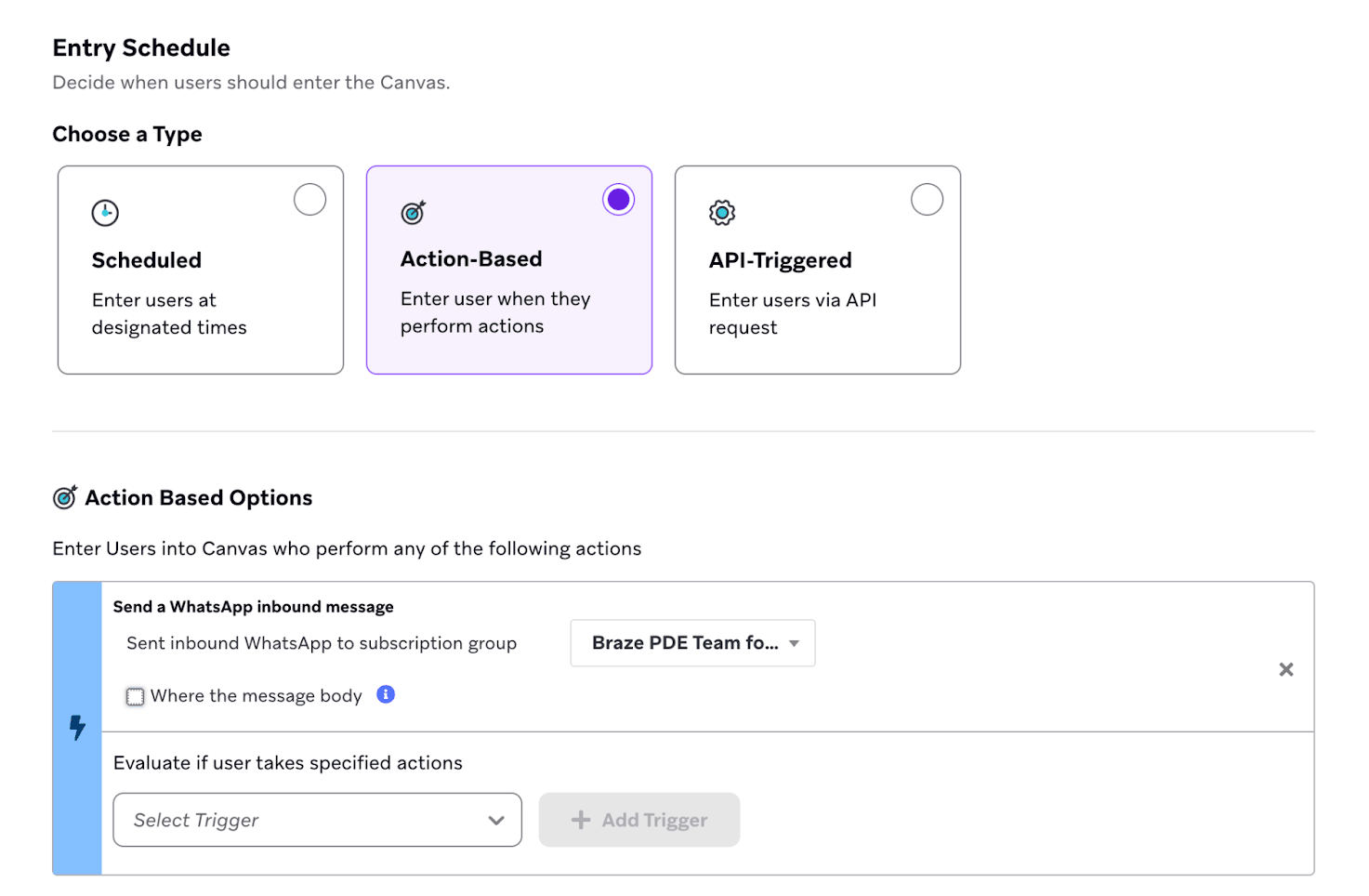 トリガー「WhatsApp受信メッセージを送信」を持つアクションベースのエントリステップ。