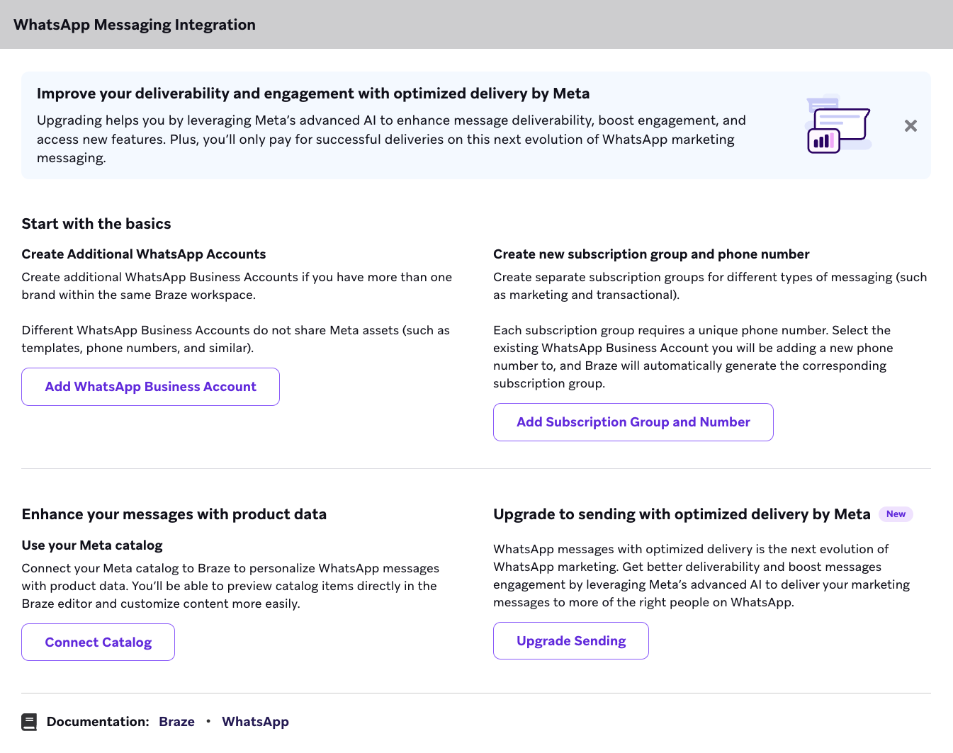 WhatsApp メッセージの統合セクションには、最適化された配信で送信を最適化するオプションがある。