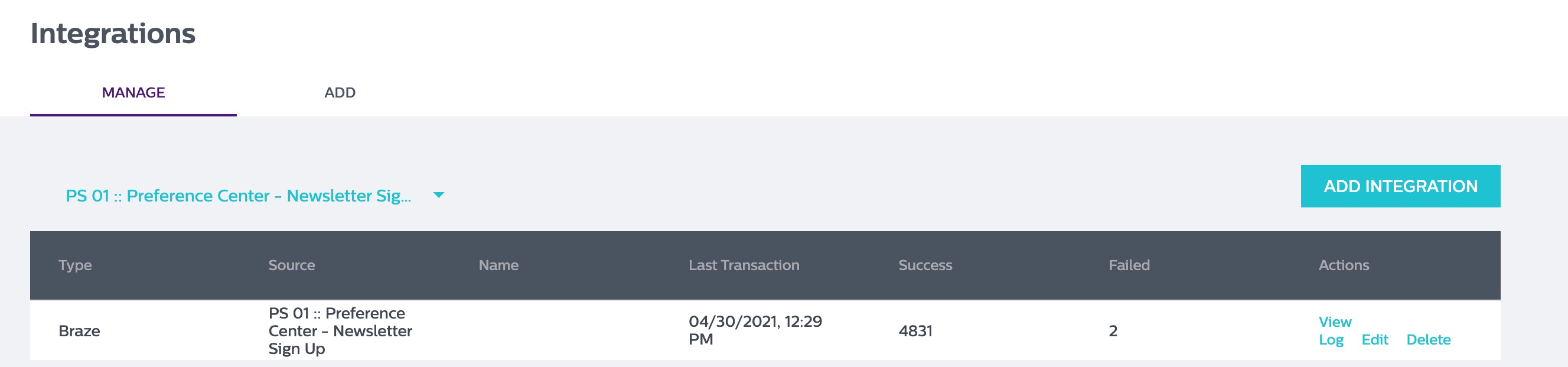 アクションヘッダーの下にある「View Log」リンク。