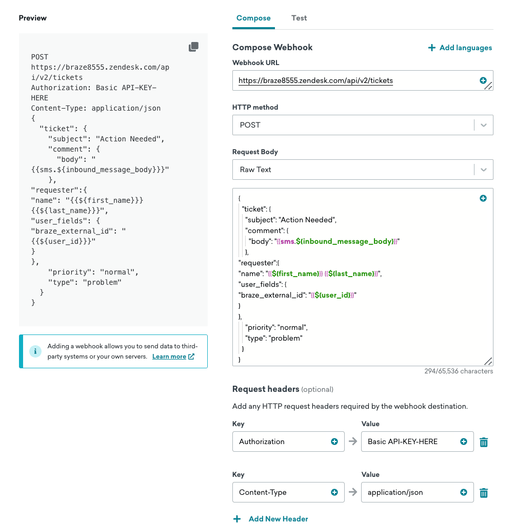 2つの必須ヘッダーを含むリクエストの例。