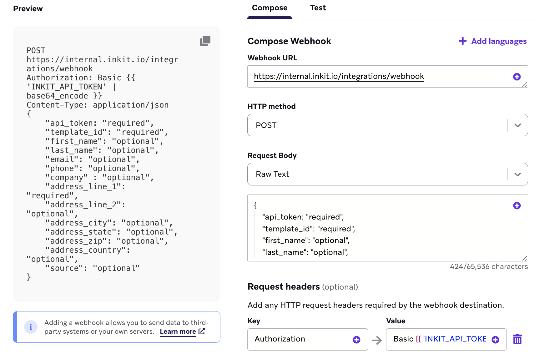 Webhookテンプレート作成時の「Compose」タブ。利用可能なフィールドは、Webhook URL、HTTP メソッド、リクエスト本文、リクエストヘッダーである。言語を追加することもできる。