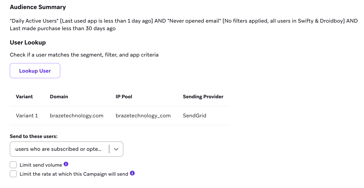 "Audience Summary"セクションで、最大ユーザー上限またはレート制限配信速度を設定するオプションがあります。