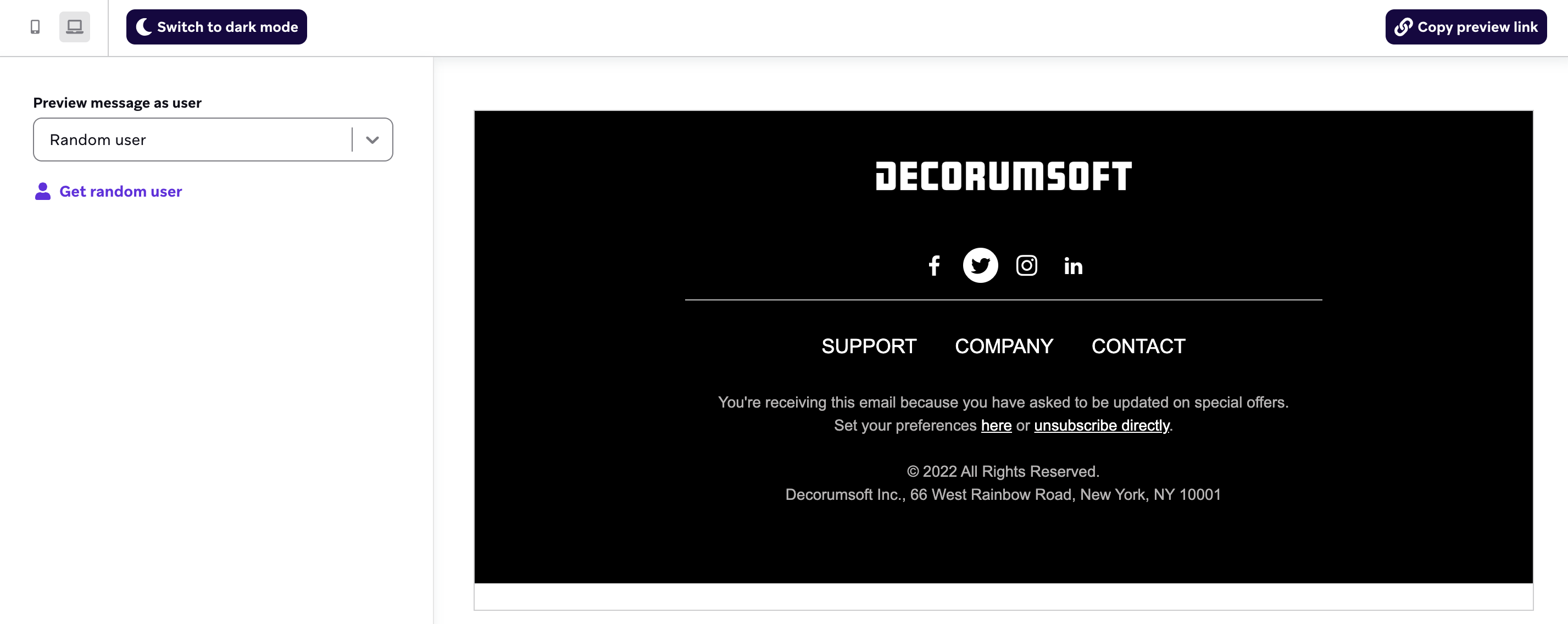 "Preview"ドラッグアンドドロップのコンテンツブロックコンポーザーのタブ。