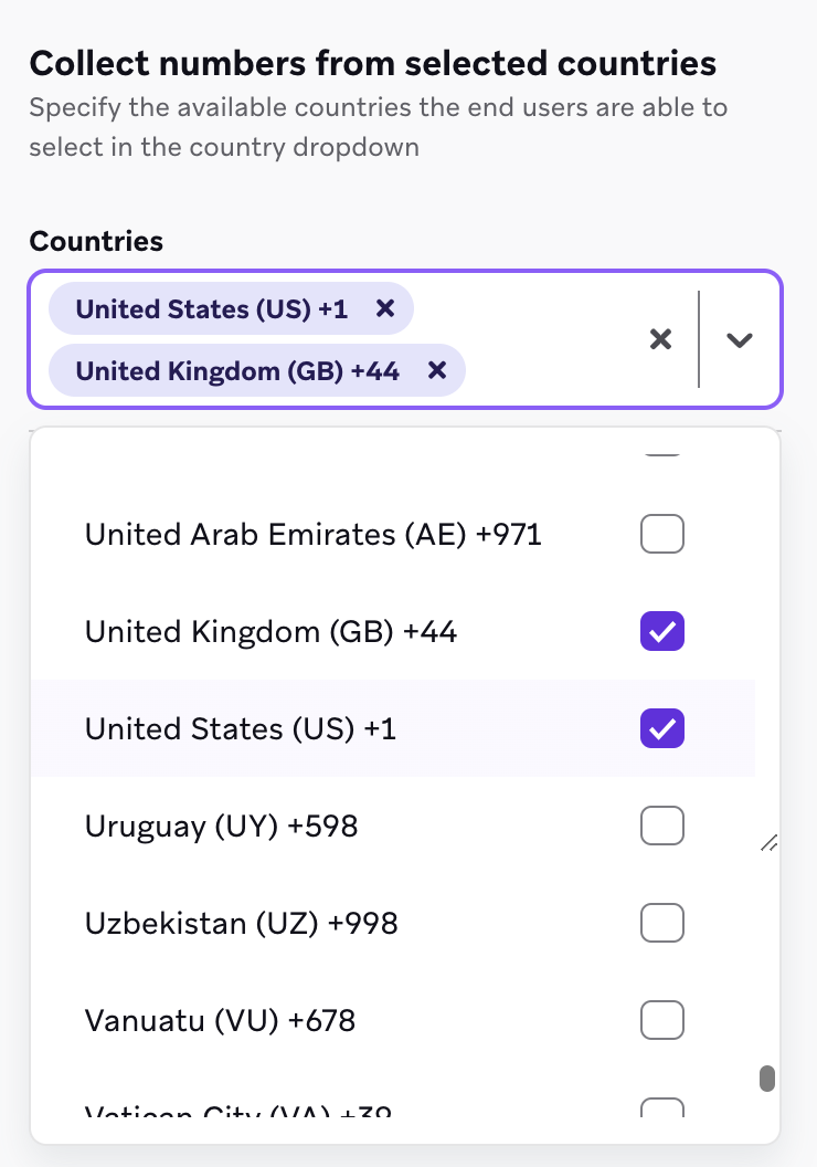 番号を収集する国を選択するための国のドロップダウン。