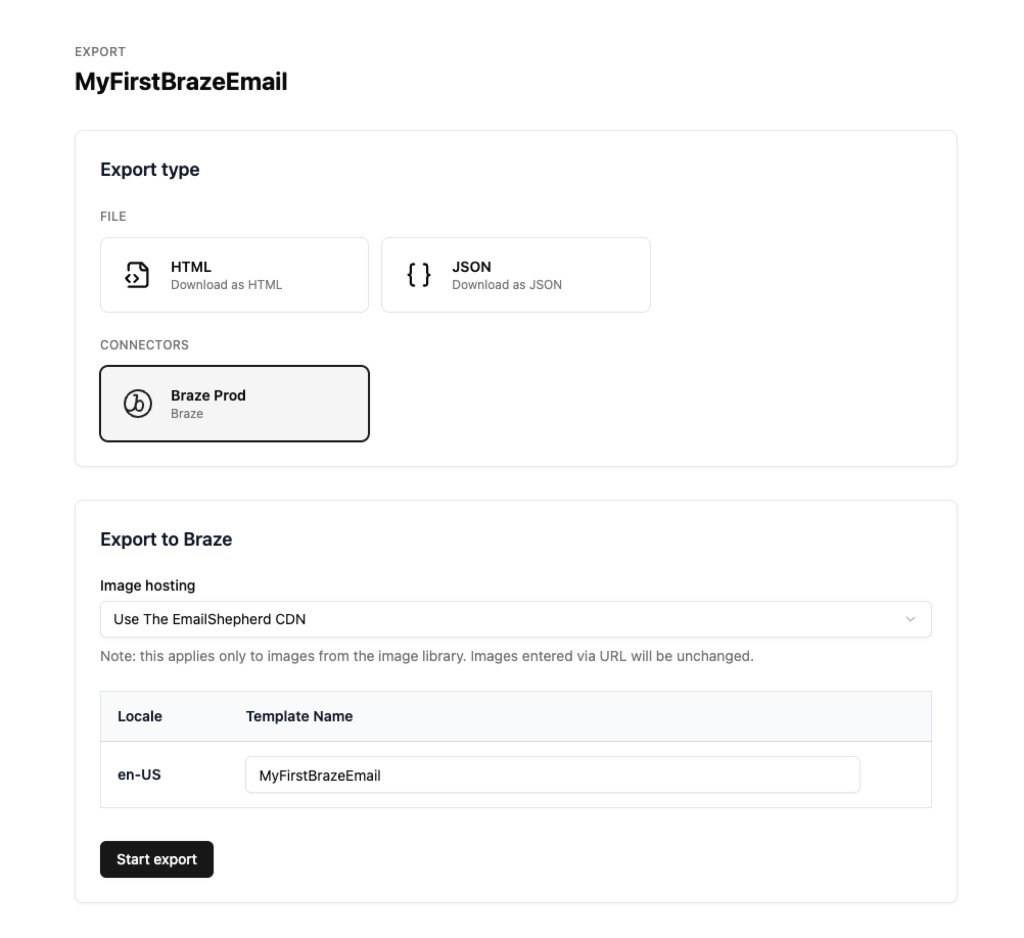 Brazeコネクター、画像ホスティング、テンプレート名フィールドを含むEmailShepherdエクスポートページ