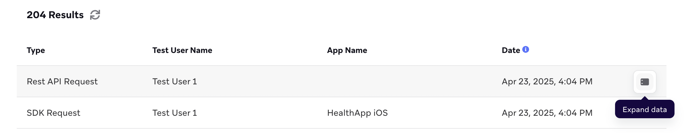 特定のログの横にある「データを展開するアイコン」。