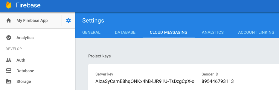Firebase プラットフォームの [設定]、[クラウドメッセージング] にサーバー ID とサーバーキーが表示されます。