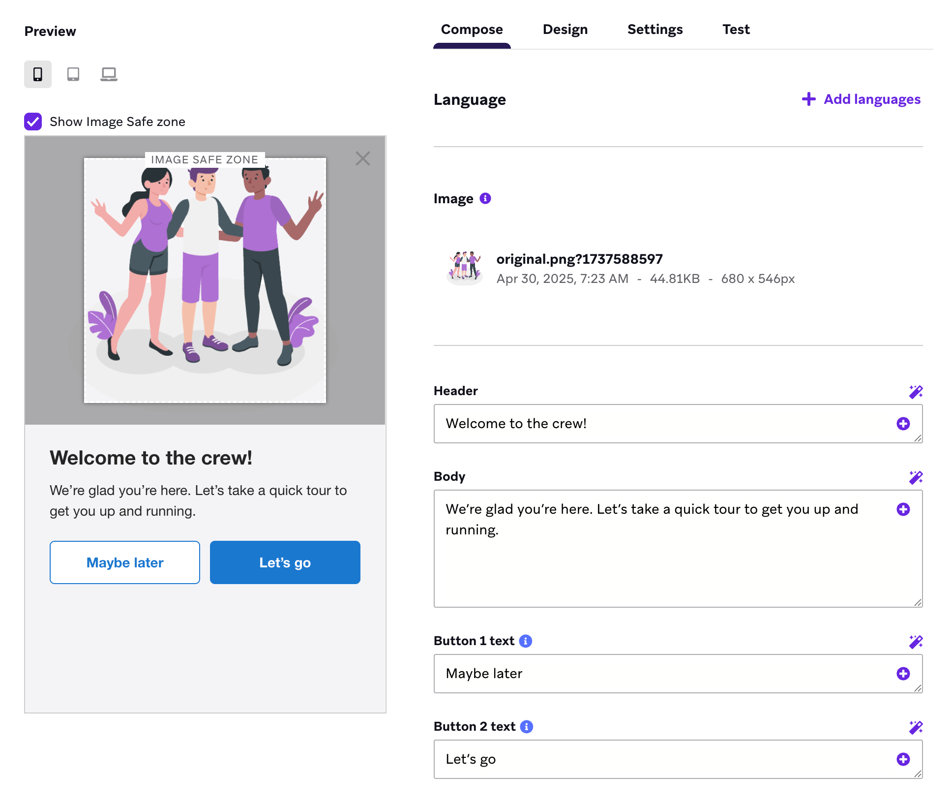 新しい顧客を歓迎し、ユーザープロファイルを設定するように促す、サンプルブランドのアプリ内メッセージ。