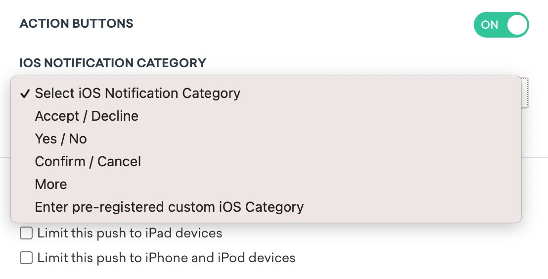 iOS Notification Categoryのドロップダウンメニュー。