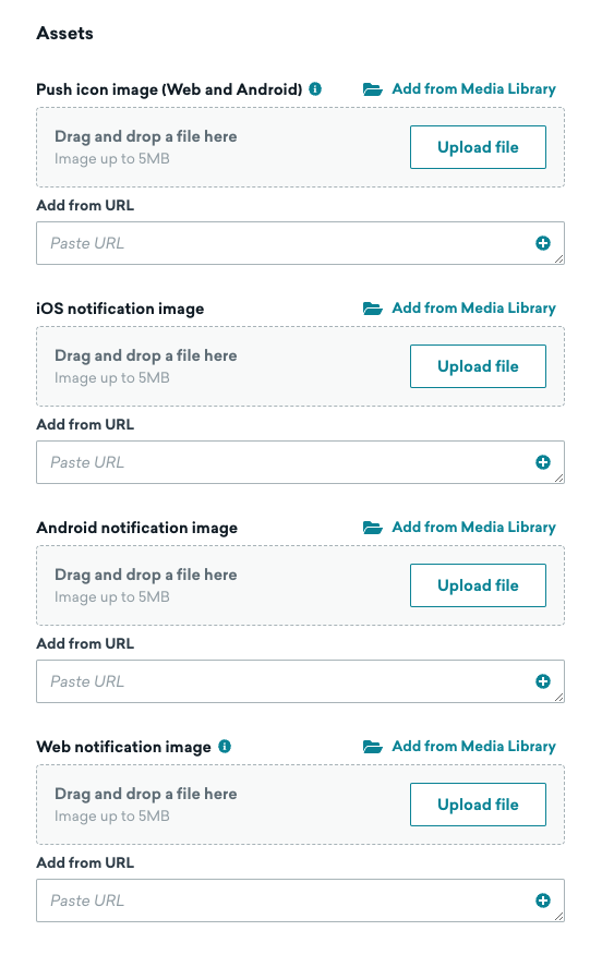 プッシュアイコン画像、iOS通知画像、Android通知画像、Web通知画像のフィールドを持つ単一編集ビューのアセットセクション。