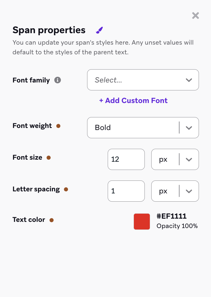 「スパンプロパティ」のサイドパネル。フォントファミリー、フォントウェイト、フォントサイズ、文字間隔、テキスト色をカスタマイズできます。