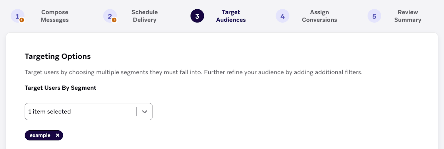 "Target Audiences"サンプルSegmentを選択したステップ。
