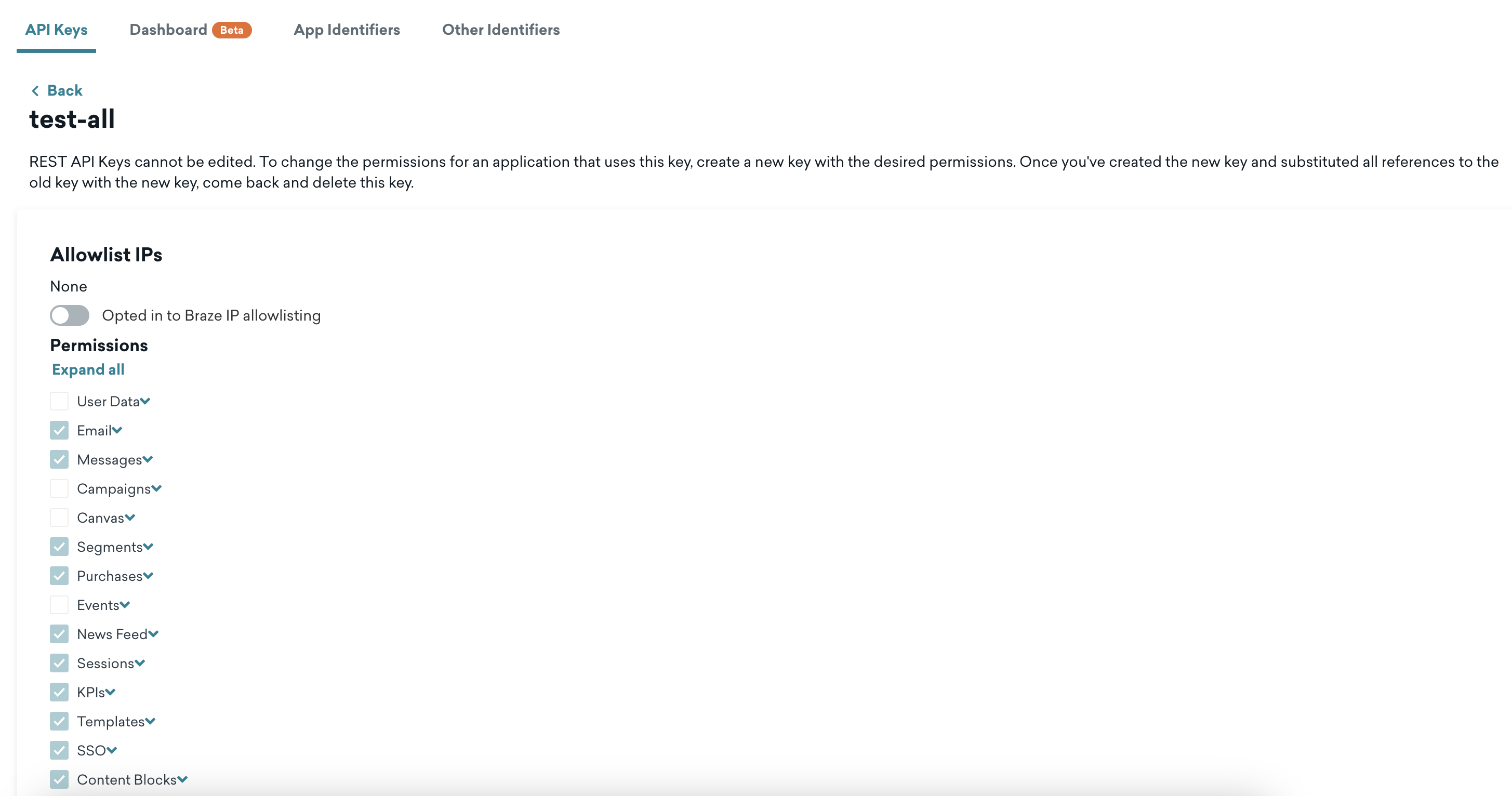 Braze ダッシュボードの API キー権限のリスト。