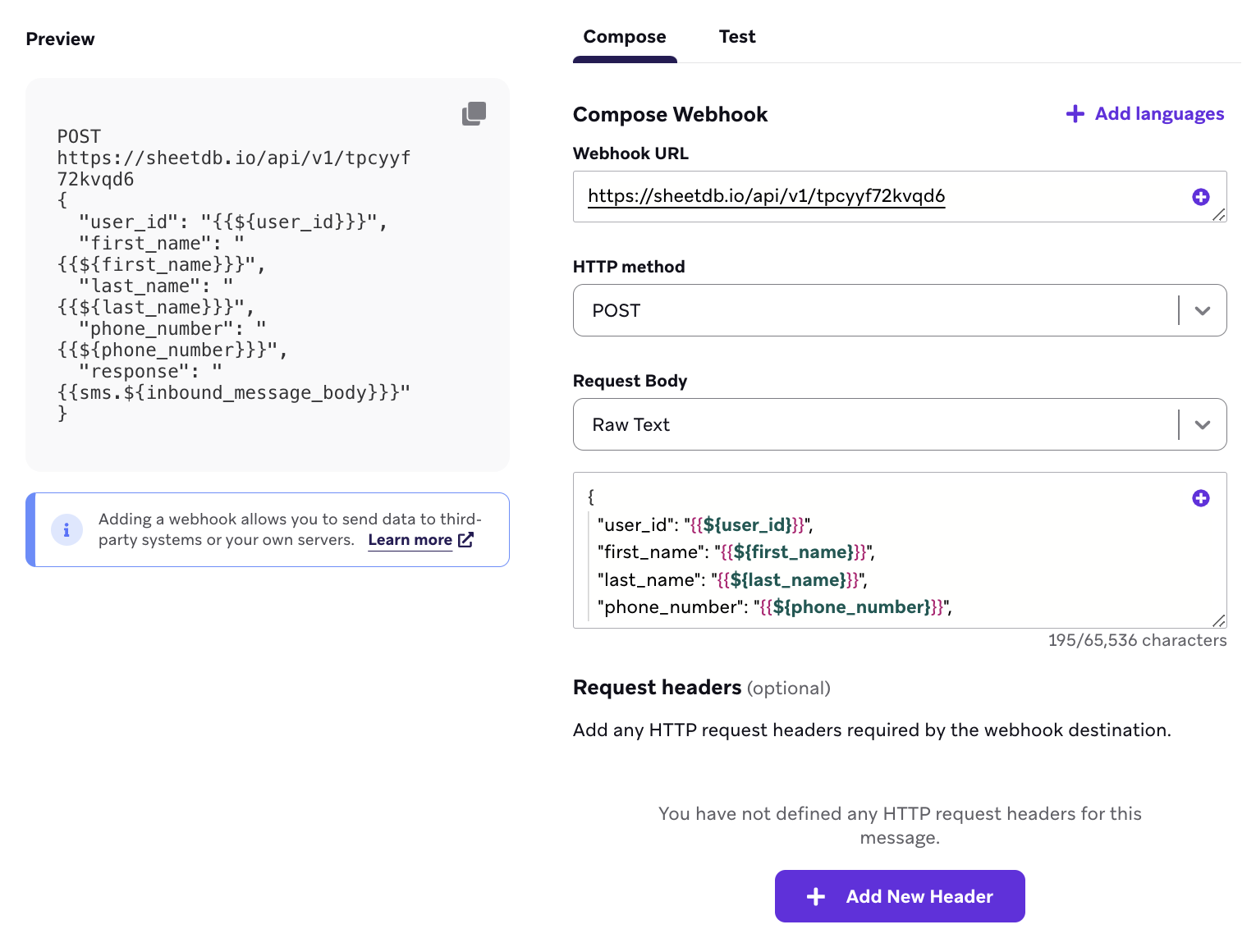 Facebook MessengerのWebhookテンプレートの例がある「Compose」タブ。