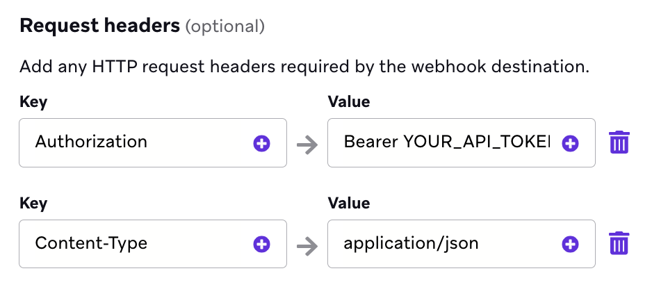 Webhook のリクエストヘッダーが表示されている [設定] タブ。