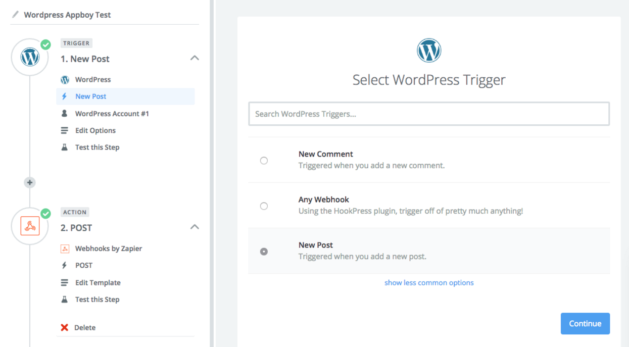Zapierプラットフォームで、zap 内でトリガーとして「new comment」、「any webhook」、「new post」のいずれかを選択する。この例では、"new post "が選択されている。